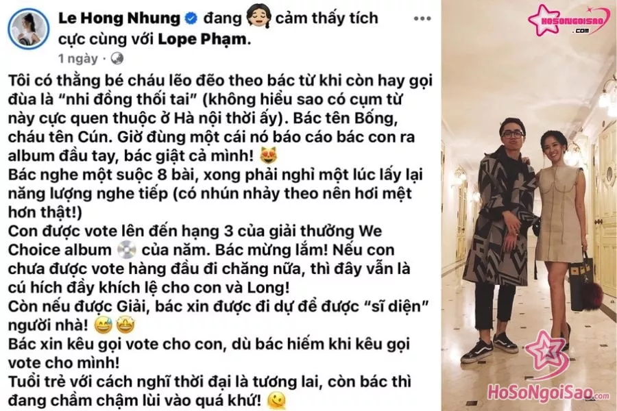 "Bác Bống" Hồng Nhung kêu gọi vote cho Lope Phạm