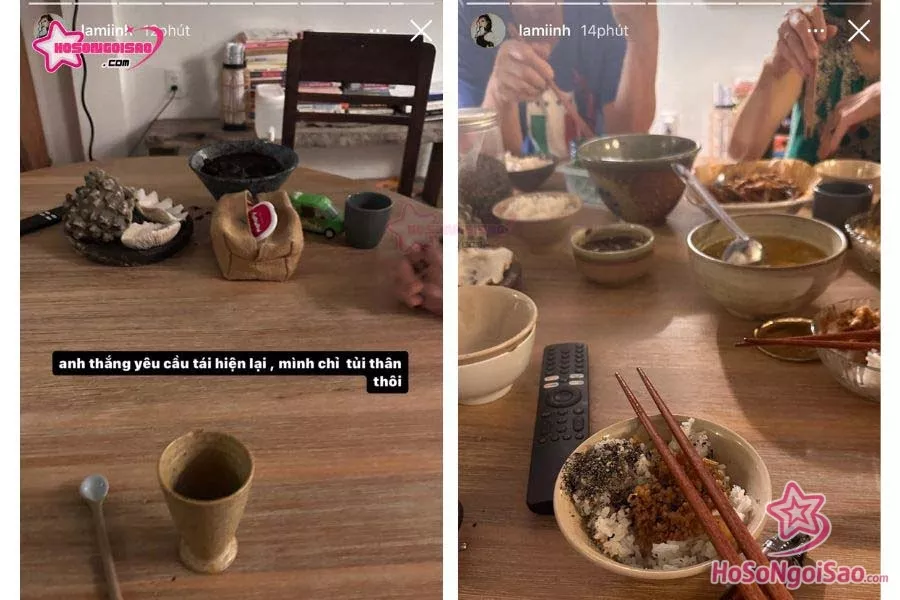 Sau khi tắt livestream, Lâm Minh cập nhật story trên Instagram, đăng ảnh mâm cơm gia đình và viết thêm: "Anh Thắng yêu cầu tái hiện lại, mình chỉ tủi thân thôi".