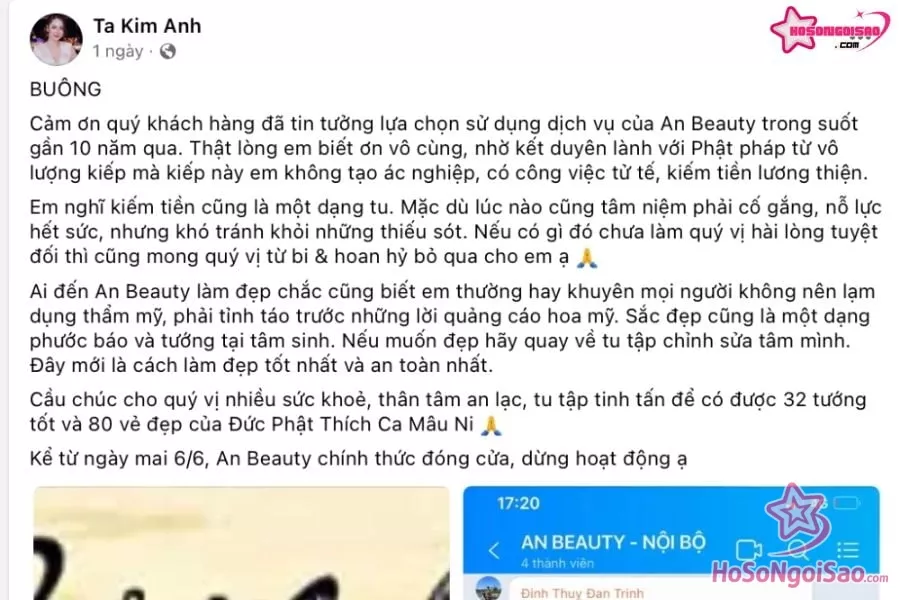 Tạ Kim Anh thông báo đóng cửa An Beauty, mong muốn chuyên tâm tu tập Phật pháp
