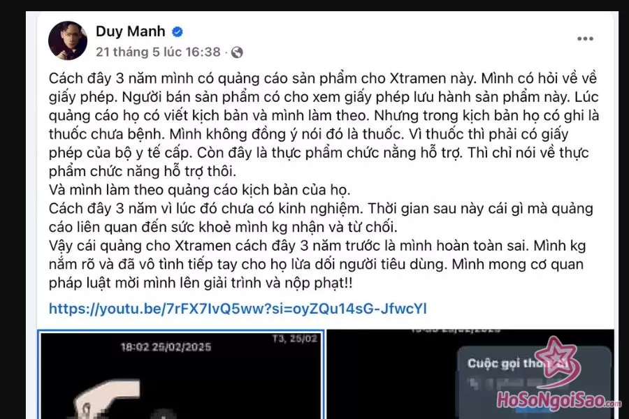 Ca sĩ Duy Mạnh đăng tải một bài viết thẳng thắn thừa nhận lỗi lầm khi từng quảng cáo cho sản phẩm không chất lượng