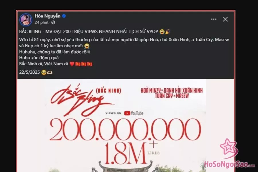 Hoà Minzy xúc động khi MV Bắc Bling đạt 200 triệu view chỉ trong 81 ngày phát hành