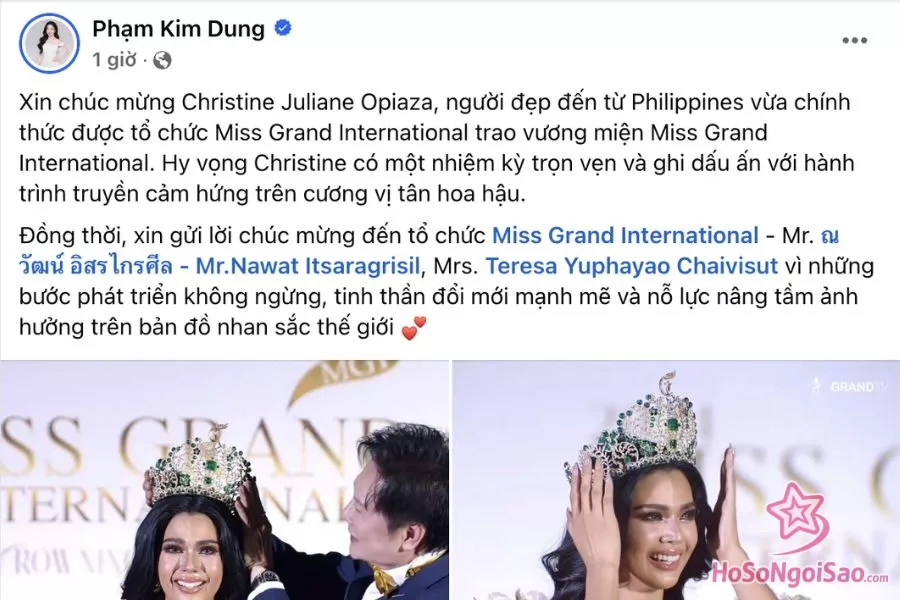 Bà Phạm Kim Dung chúc mừng Tân Hoa hậu và ông Nawat