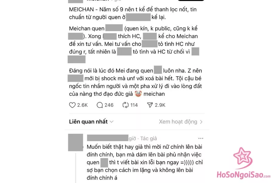 Bài đăng tố Meichan trên MXH Threads