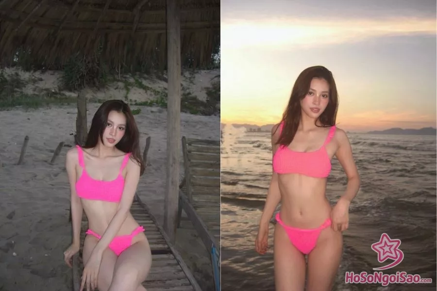 Hoa hậu Tiểu Vy mặc bikini dạo biển