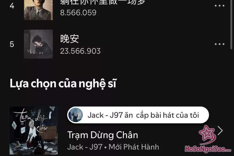Spotify của Nhan Nhân Trung ghim thẳng bài hát, đính kèm dòng chữ: “Jack - J97 ăn cắp bài hát của tôi”